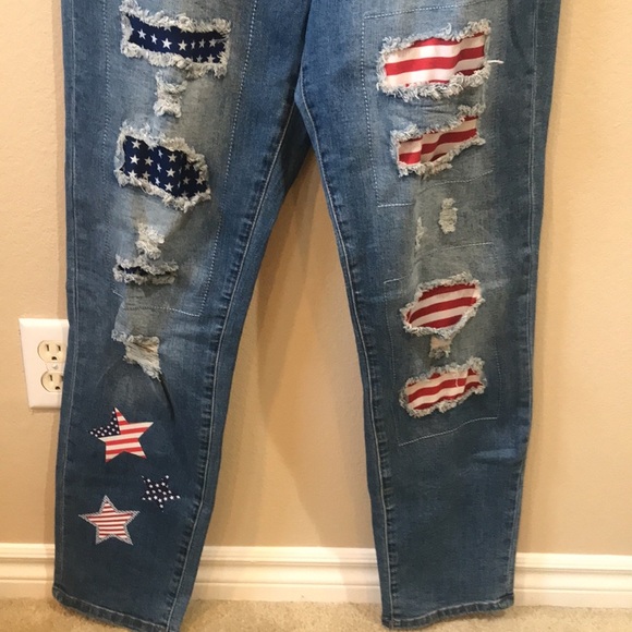 US Flag Stars and Stripes Distressed Patchwork 5 Pocket Straight Leg Jeans-L - Picture 3 of 10
